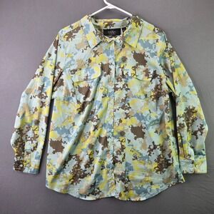 DASH by Kardashian Button Down Shirt Womens 1X Blue Yellow Camo Long Sleeve Top